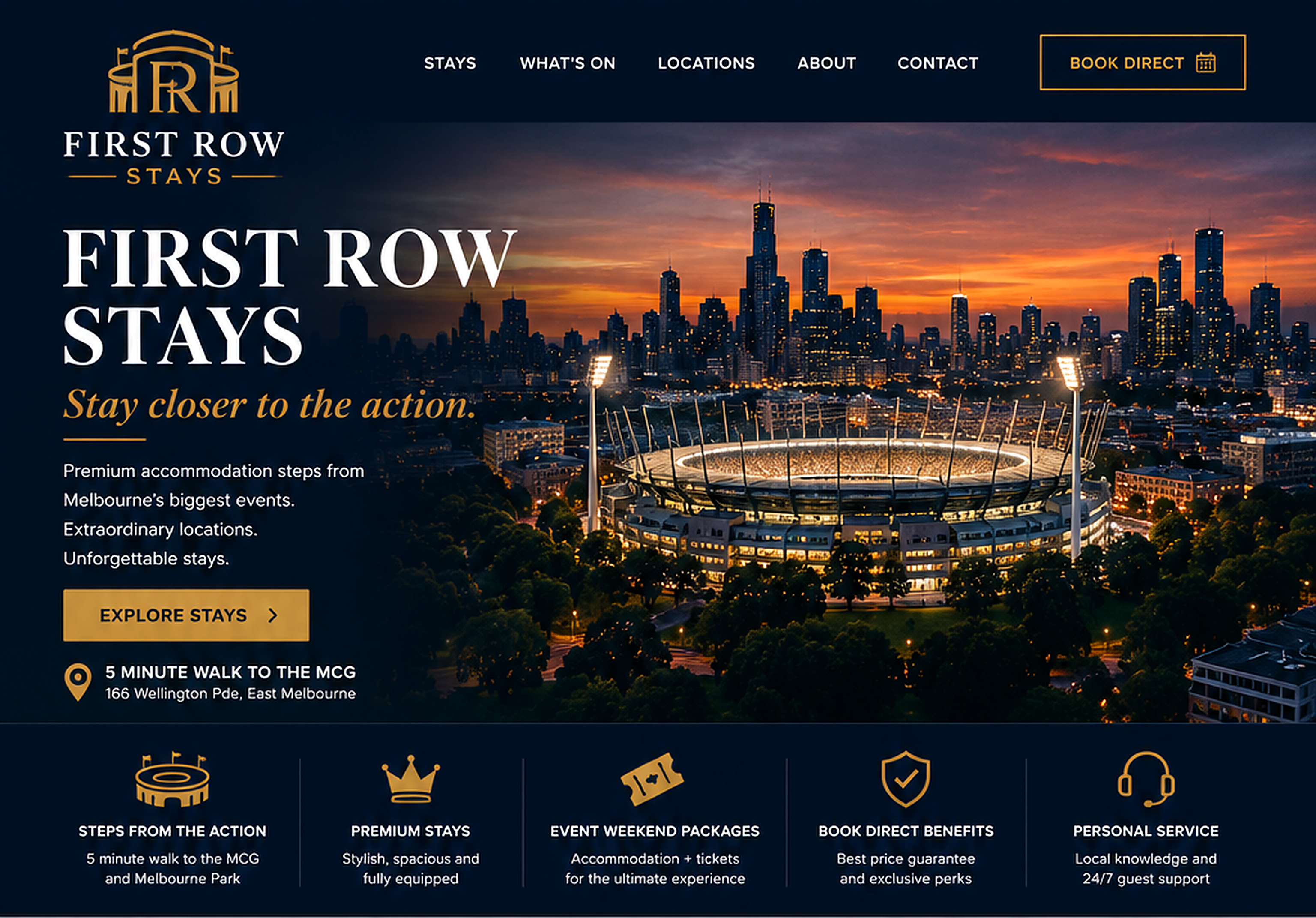 First Row Stays. Stay closer to the action. Premium accommodation steps from Melbourne's biggest events, about a five minute walk to the MCG.